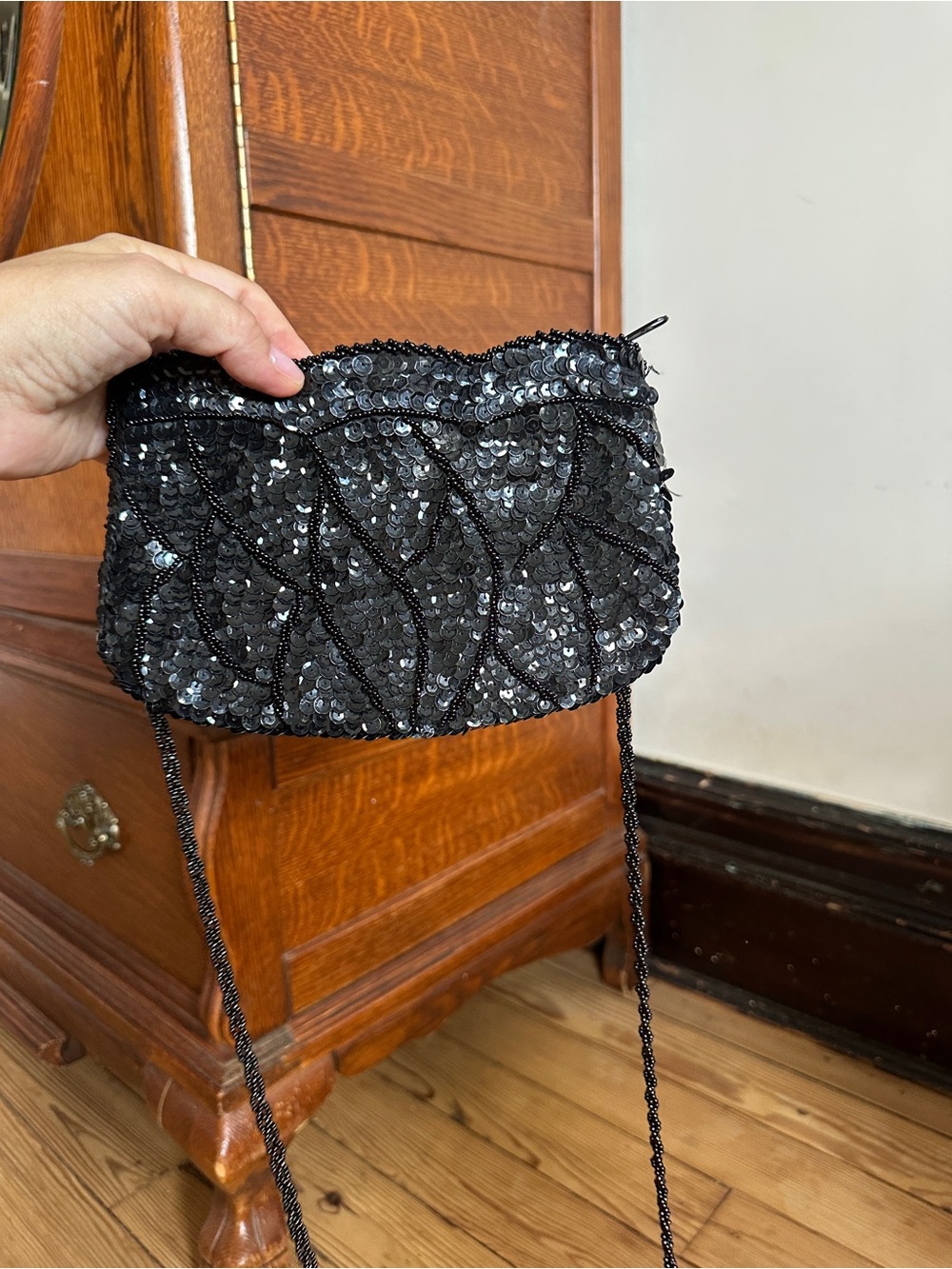 Beaded Black Crossbody Clutch with Beaded Strap